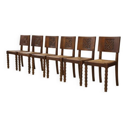 Set of 6 Charles Dudouyt chairs in oak from the 1950s.