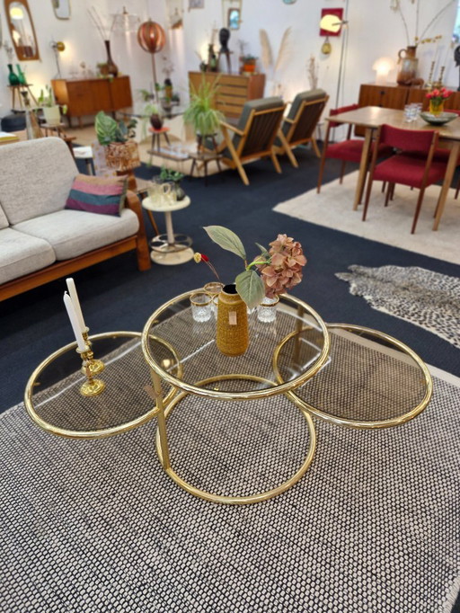 Vintage coffee table double swivel brass smoked glass