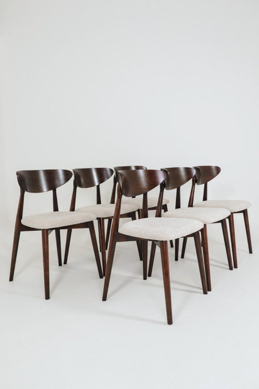 Set moderno di 6 sedie da pranzo, in tessuto ecru e legno di faggio noce scuro.