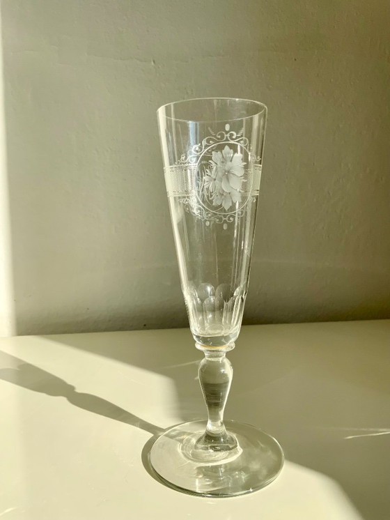 Image 1 of Bicchiere da vino/champagne in cristallo antico inciso a mano - Monogrammato - Circa 1900