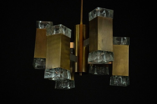 Italian glass and brass 12 lights chandelier produced by Sciolari in the 70s