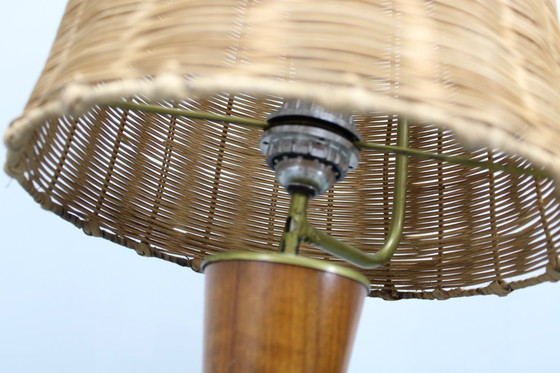 Image 1 of 1960s Parker Knoll Wooden Table Lamp with wicker shade, Britain