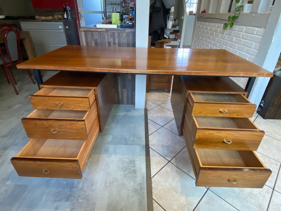 Image 1 of Scrivania direzionale bifacciale in stile scandinavo, in palissandro e metallo, con 6 cassetti, vintage anni '60.