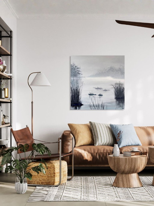 Large, serene landscape with mist, water, and reeds | title: 1103 | 80 x 80 cm