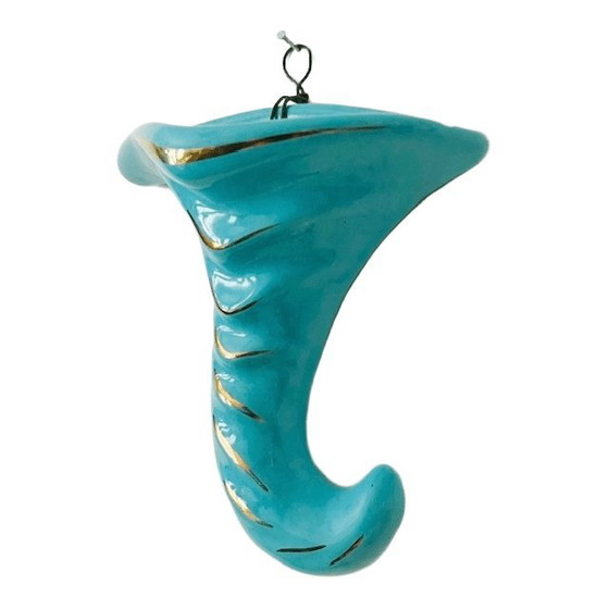 Image 1 of Vaso da parete vintage in ceramica di metà secolo, a forma di corno, turchese, anni '60