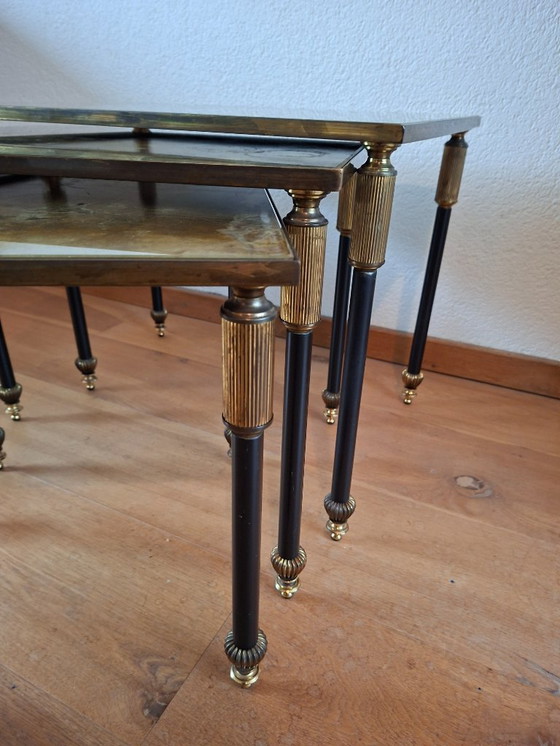 Image 1 of Vintage Maison Jansen style table nest in bronze and Verre Églomisé