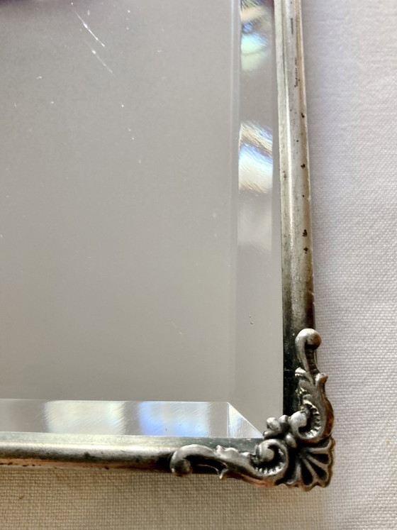 Image 1 of Antique framed mirror, beveled glass and silver-plated metal frame, 1930s-1940s
