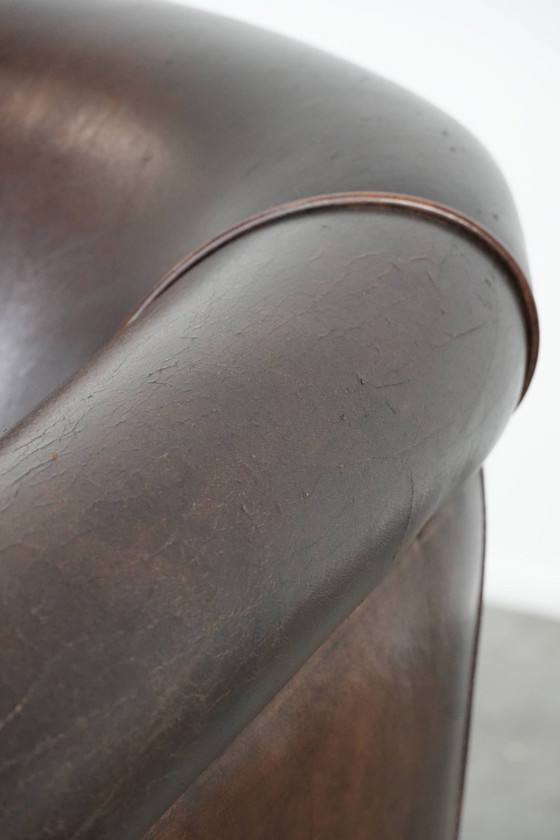 Image 1 of Donkerbruine Vintage Clubfauteuil In Engelse Stijl Gemaakt Van Schapenleer