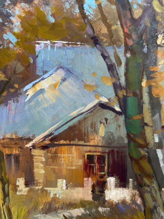 Image 1 of Original Oil Painting Autumn Village Landscape The rustle of autumn outside the window