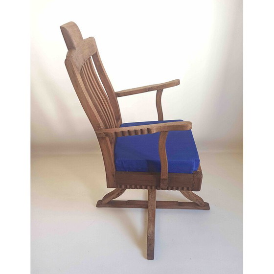 Image 1 of Vintage barber chair in solid teak and blue fabric, 1930