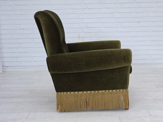 Image 1 of 1970s Danish Lounge Chair, High, Furniture Velour, Ash Wood Legs