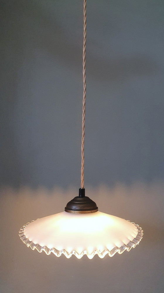 Image 1 of vintage pendant lamp of white opaline glass - fringes - clichy