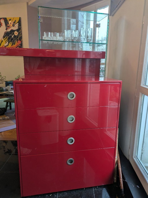 Zeldzame bar- en vitrinekastset - Uniek designstuk - Rood gelakt (Cartier-stijl)
