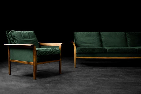 Image 1 of Divano e sedia vintage in palissandro norvegese e velluto verde bottiglia di Knut Sæter per Vatne Møbler, anni '60, set di 2