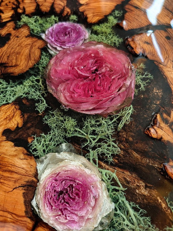 Image 1 of Handcrafted Olive Wood Epoxy Side Table with Real Flowers – Live Edge Rustic Coffee Table – Unique Resin Accent Table