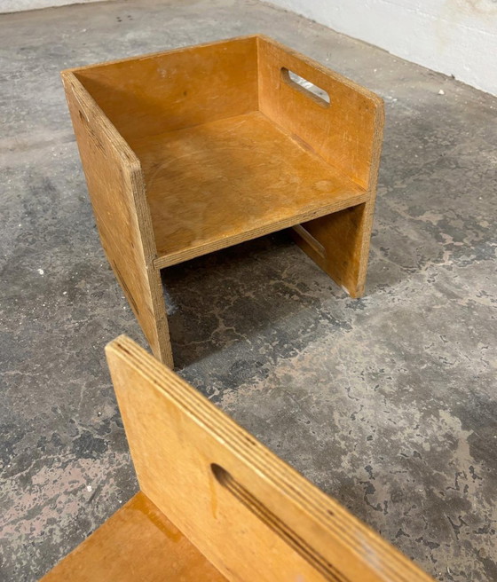 Image 1 of Set of 3 vintage Montessori wooden cube kids chairs 