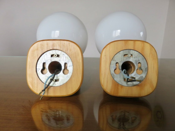 Image 1 of Pair of Scandinavian wall lights in pine and opaline glass, 1980s