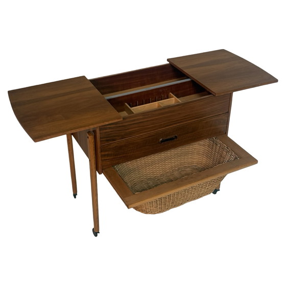 Image 1 of Teak wood - Vintage sewing box / table on casters - Wicker basket -  Scandinavian, Denmark, ca. 1960’s