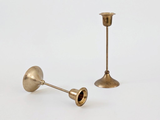2 x Midcentury Brass Candleholders | Slim Stem Modernist Design