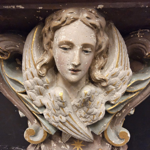 19 Century Antique Plaster Church Console With Angel (H48Cm) / Antique Church Console Angel Plaster