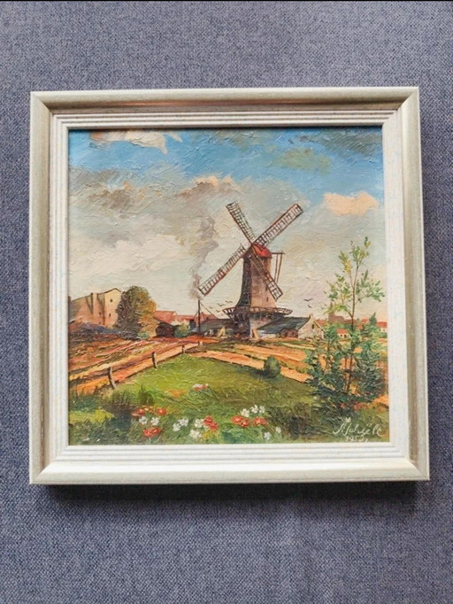 Peinture à l'huile « Moulin à vent dans un paysage » signée A. Schiele 1952, 27,5 x 27,5 cm Art