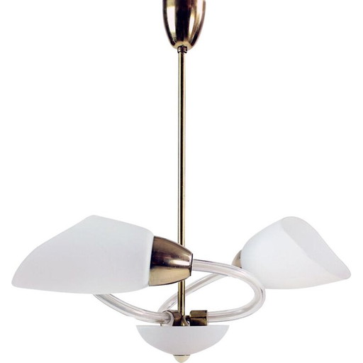 Vintage wit glazen en messing hanglamp, Tsjecho-Slowakije 1960