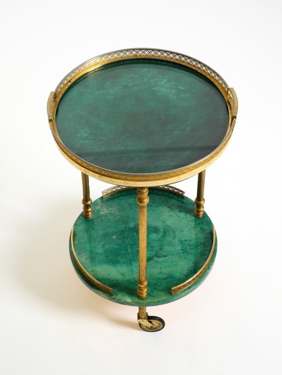 Image 1 of Round, small 1960s Aldo Tura serving or bar trolley in green goatskin leather | Made in Italy