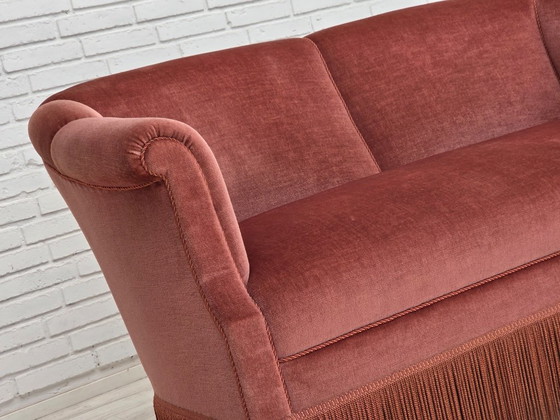 Anni '60, Divano danese 2 posti, velluto d'arredamento rosa originale. – Divani 2 posti, Velvet, Wood (photo 5 of 21)