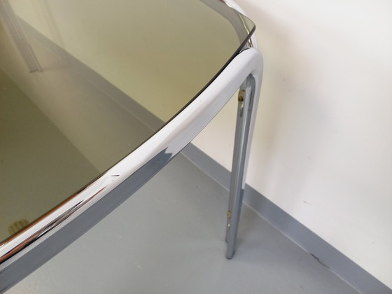 Image 1 of Incurved Rectangular Dining Table in Smoked Glass and Chrome Metal 70's Space Age Style