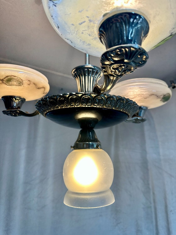 Antique Art Deco Style Pendant Lamp Chandelier with Marbled Opal Glass, Ceiling lights, Metal, Black (photo 12 of 14)