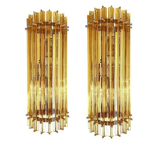 Image 1 of Modernes Paar bernsteinfarbener „Triedro“ Wandleuchten aus Muranoglas von Venini Design