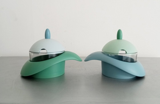 Image 1 of Coppia di parmigiane/zuccheriere di Pino Spagnolo, design space age/pop-art, anni '70, Biesse Italia