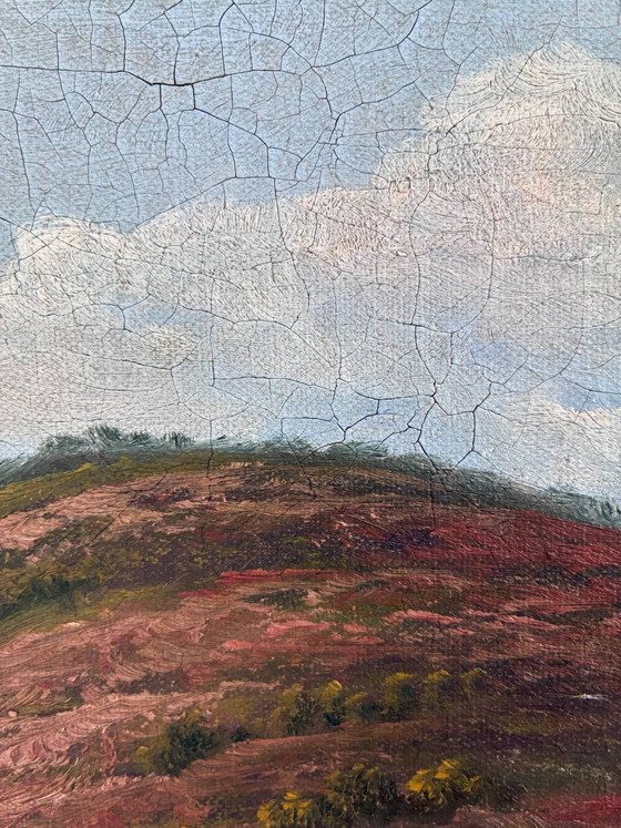 Image 1 of Peinture à l'huile originale ancienne représentant un paysage de campagne, signée.