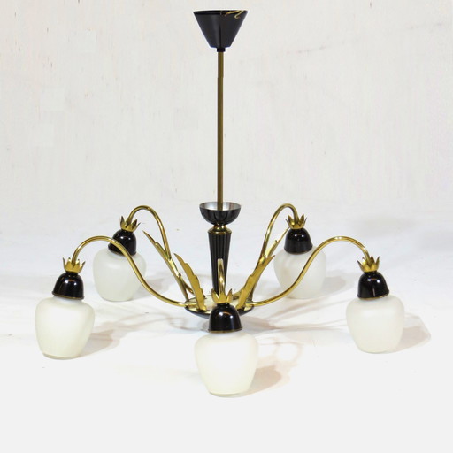 Vintage chandelier in brass and opaline glass, 1960s