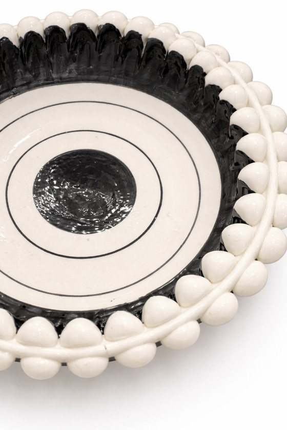 Image 1 of Caltagirone Ceramic Centerpiece, Sicilian Pottery Black & White Geometric Bowl, Hand-Painted Modernist Art, Handmade in Italy