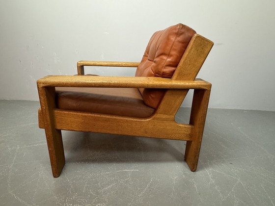 Image 1 of Mid-Century Brutalist Esko Pajamies Design 'Bonanza' Cognac Leather Lounge Chair on Solid Wooden Frame, Finland 1960s.