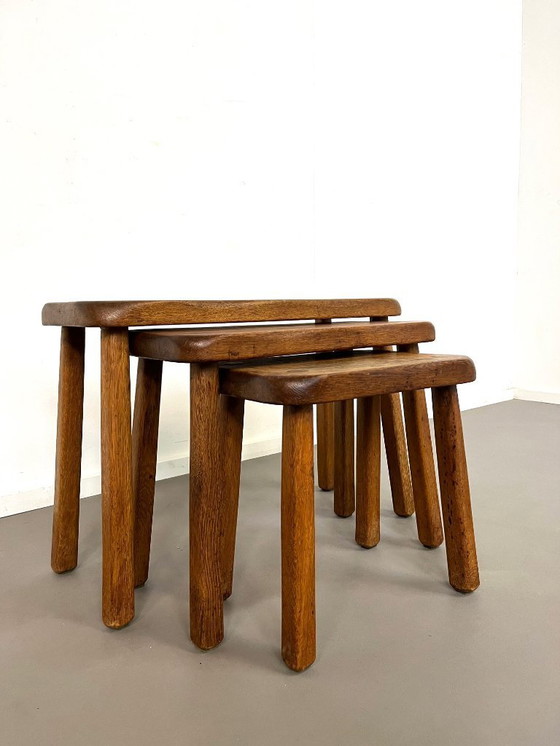 Image 1 of 3 solid Brutalist oak side tables, France, 1960s.