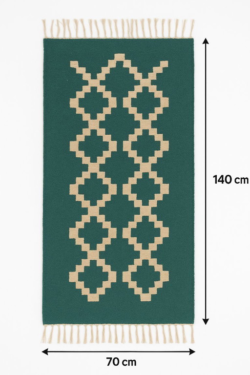 Senon Kelim Läufer 70 × 140 cm - Handgefertigt in Ägypten - Grüner Diamant, Flachgewebe