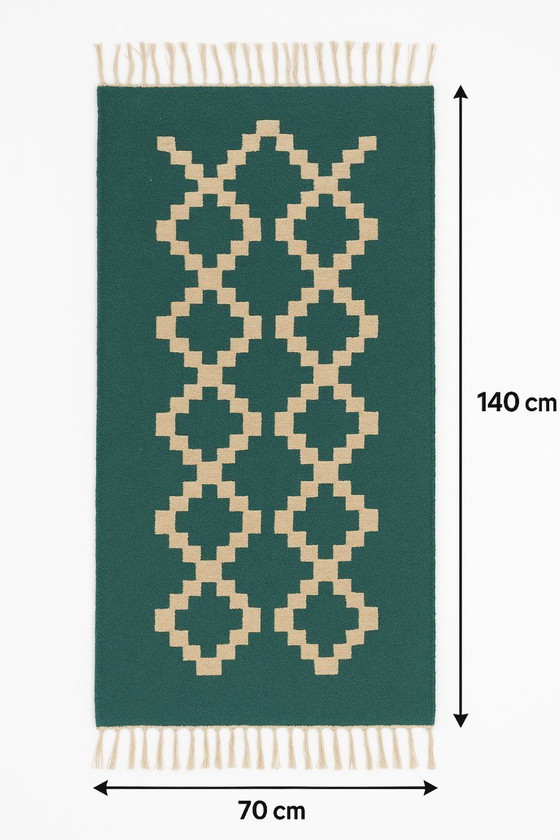 Image 1 of Senon Kelim Läufer 70 × 140 cm - Handgefertigt in Ägypten - Grüner Diamant, Flachgewebe