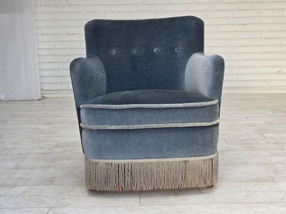 1970s, Danish armchair, furniture velour, beech wood., Velvet, Blue (photo 13 of 17)