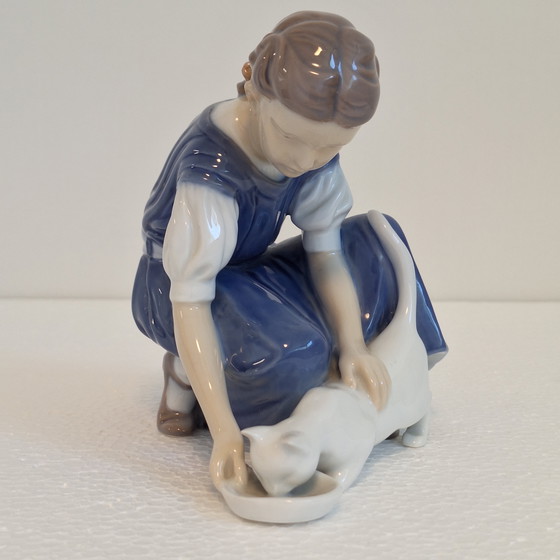 Image 1 of Statuette Of A Girl With Cat, Bing & Grondahl 1960s