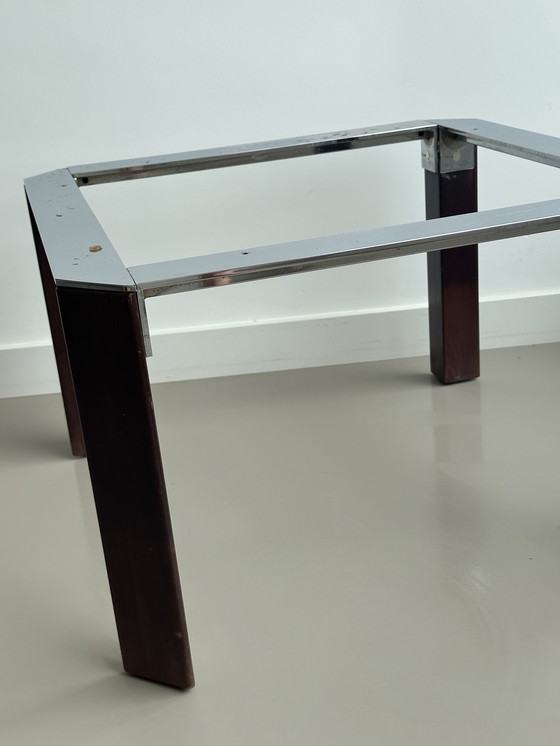 Image 1 of Table basse vintage en marbre métal chrome bois carré 70's