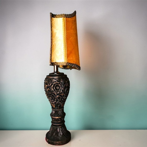 Image 1 of Large Portuguese Carved Wood Half Shade Buffet Table Lamp