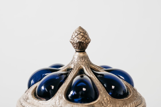 Image 1 of Grote blauwe serveerkan uit de Royal Sheffield Collection uit de jaren 1950, vintage pronkstuk.