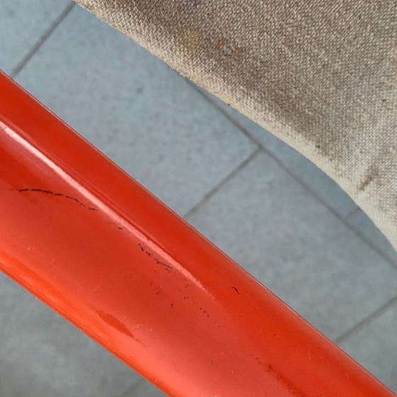 Image 1 of Poltrona pieghevole vintage giapponese, anni '70, in acciaio cromato e arancione e tela di iuta.