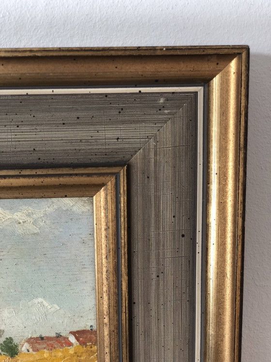 Image 1 of Peinture à l'huile originale vintage représentant un paysage de cottage : œuvre d'art encadrée
