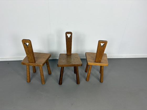 Image 1 of 3 x Mid-Century Mini Pierre Chapo Style Solid Oak Chairs1960s Modernist Brutalist 