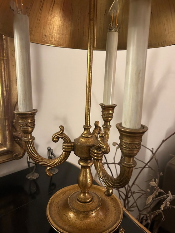 Image 1 of Louis XV Bouilotte Tischlampe Rive Gauche Empel Kollektionen schwarzer Schirm und Blattgoldpatina