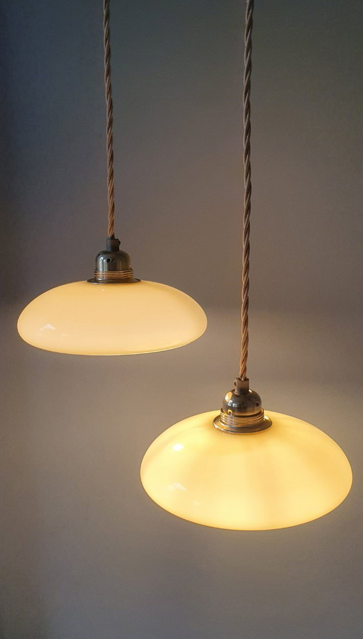 Vintage French pendant lamp set - of pastel yellow opaline glass.
