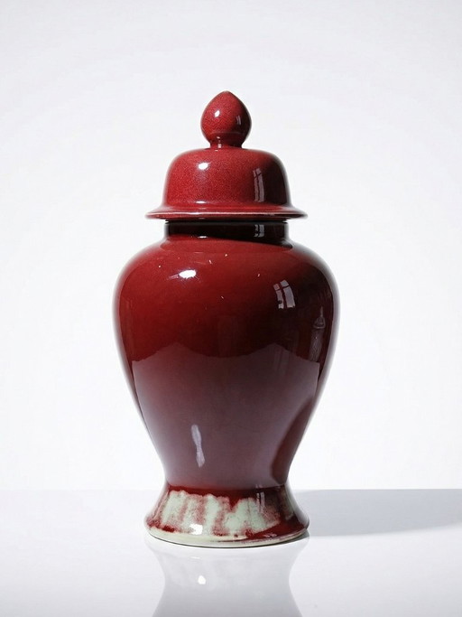 Covered vase, Chinese ginger jar, oxblood and celadon ceramic